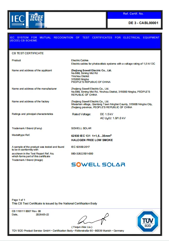 SOWELLSOLAR solcellekabler mottar TÜV SÜD IECEE-CB sertifiseringsgjenkjenning